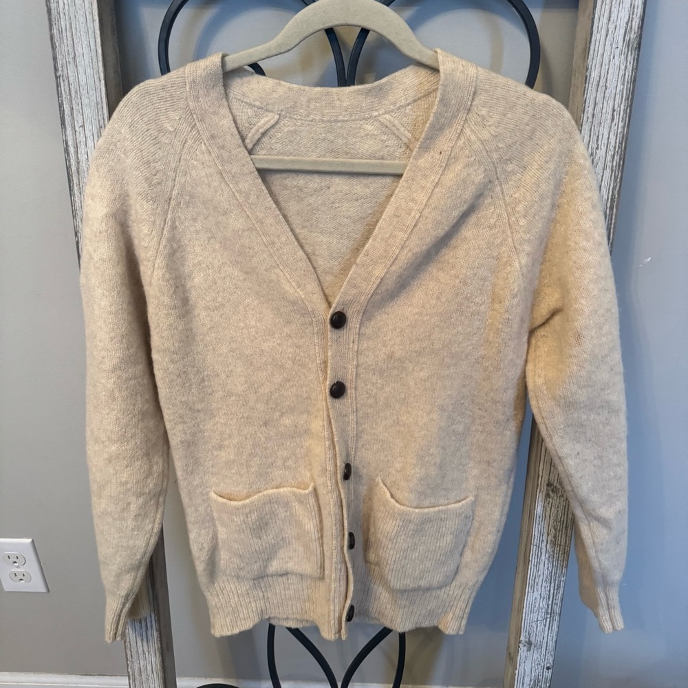 Vintage Wool Raglan‎ Cardigan Grandpa Sweater Oatmeal Patch Pocket Men’s S